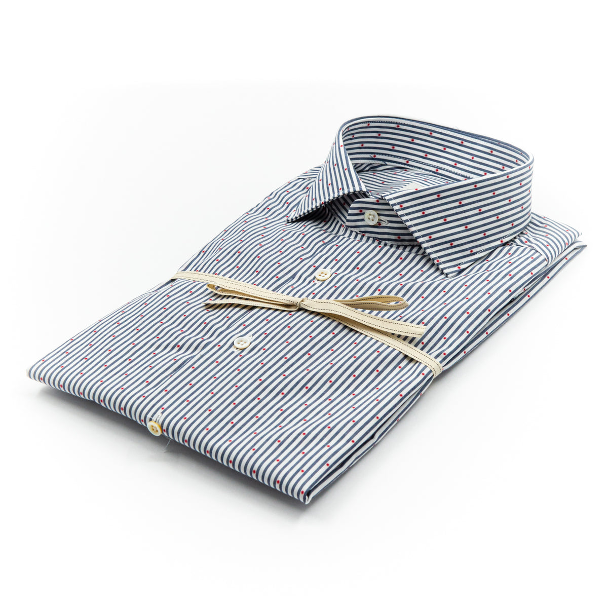 Camicia a Righe Blu e Bianche con Micro Pois Rossi