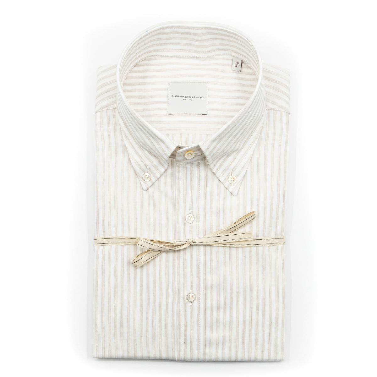Camicia Bianca a Righe Beige con Colletto Button-Down