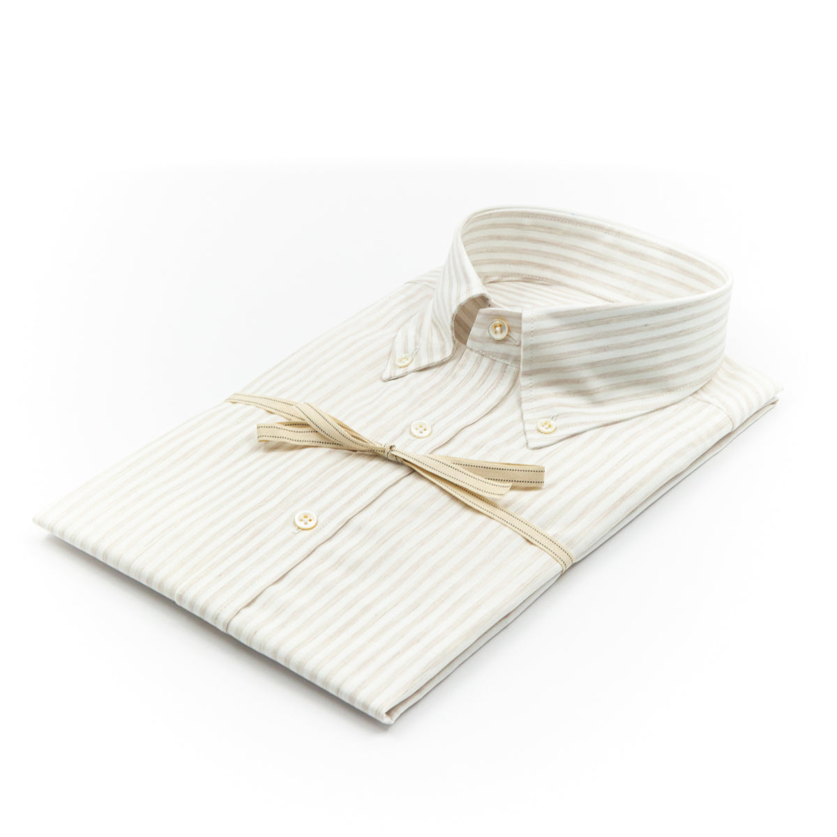 Camicia Bianca a Righe Beige con Colletto Button-Down