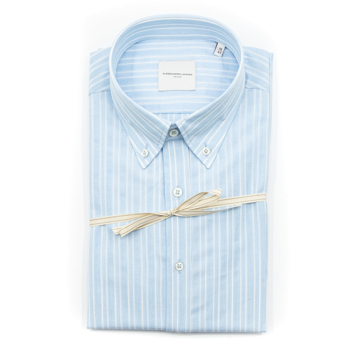 Camicia Azzurro Chiaro a Righe Bianche con Colletto Button-Down
