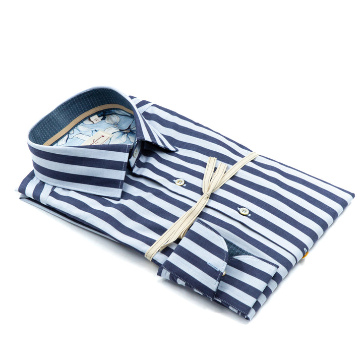 Camicia a Righe Blu e Celeste con Interno Floreale