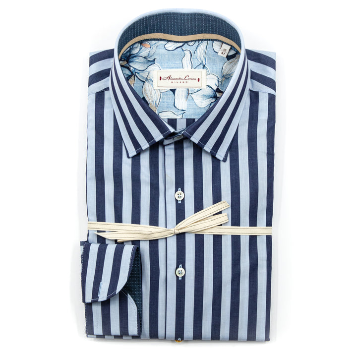 Camicia a Righe Blu e Celeste con Interno Floreale