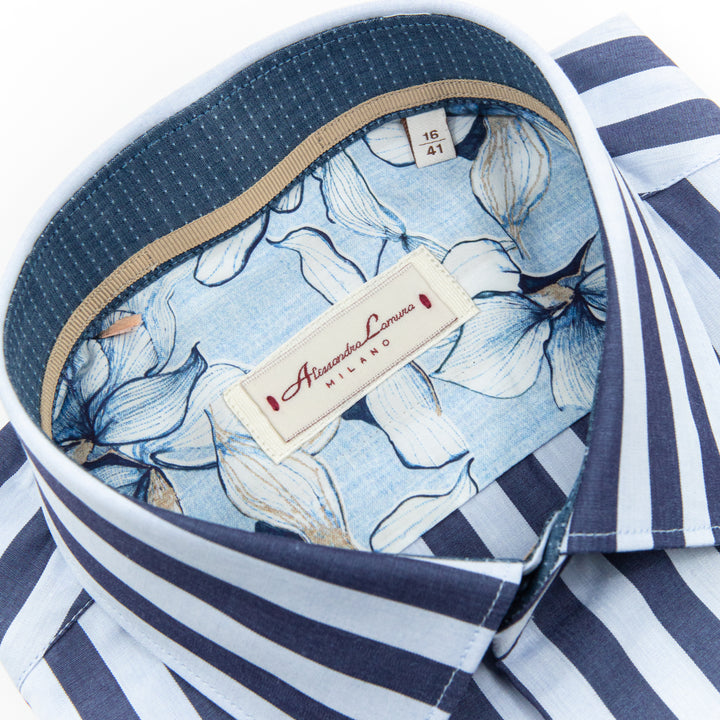 Camicia a Righe Blu e Celeste con Interno Floreale