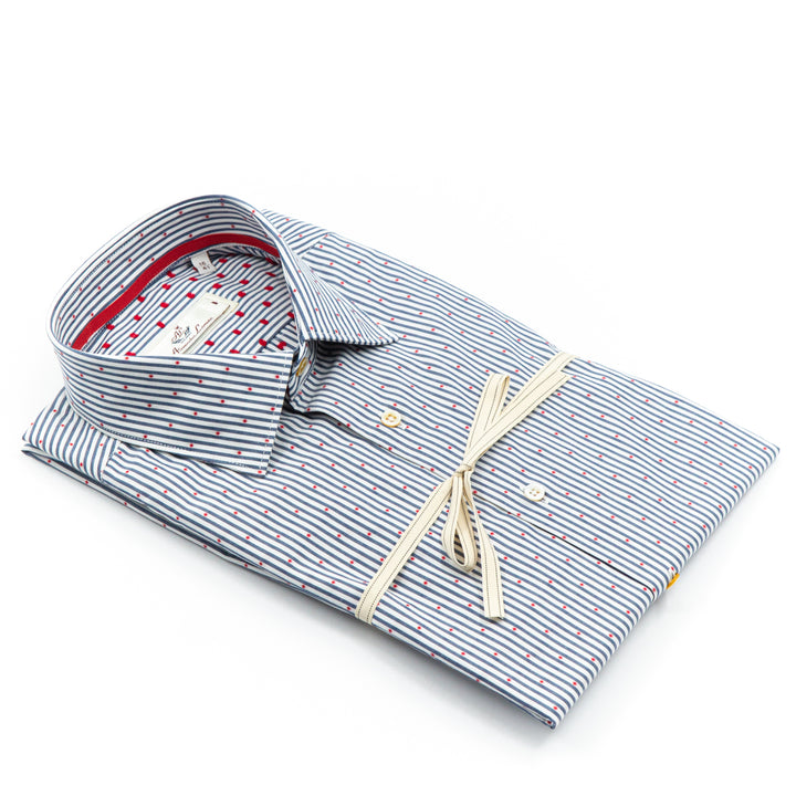 Camicia a Righe Blu con Micro Pois Rossi