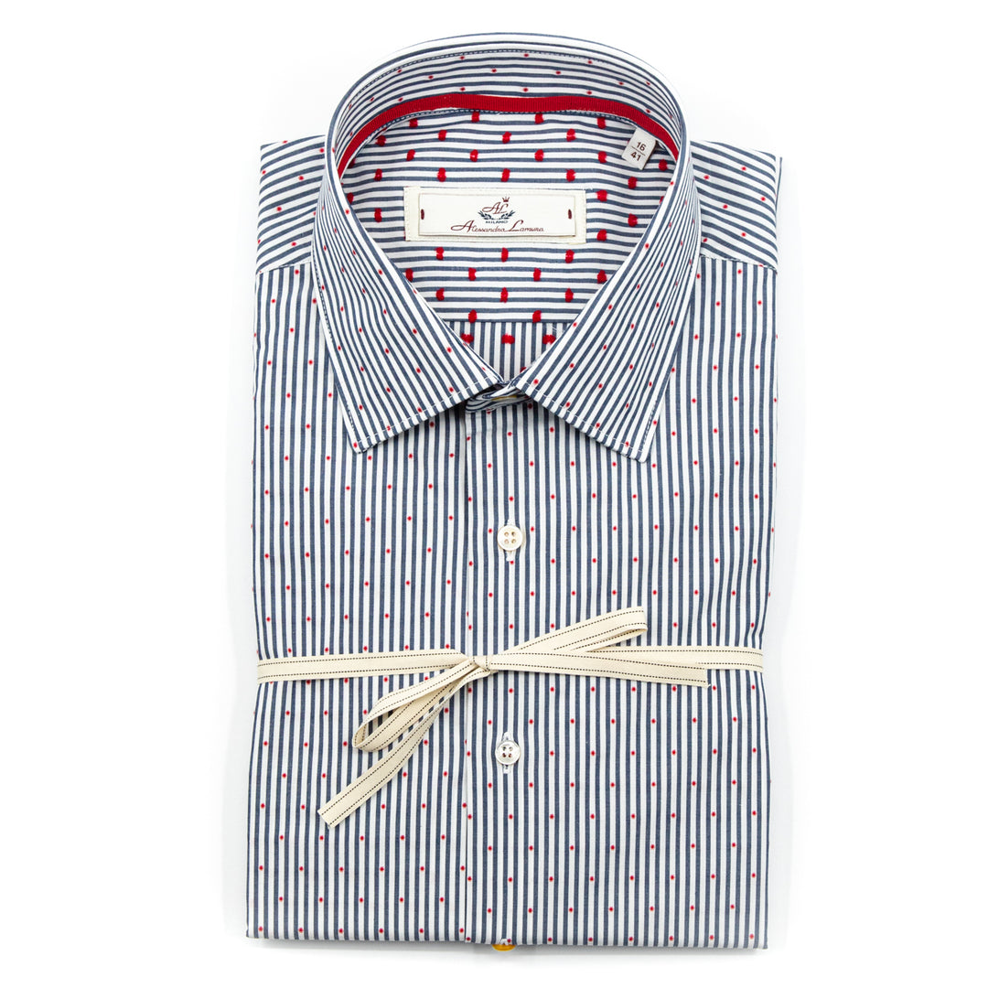Camicia a Righe Blu con Micro Pois Rossi