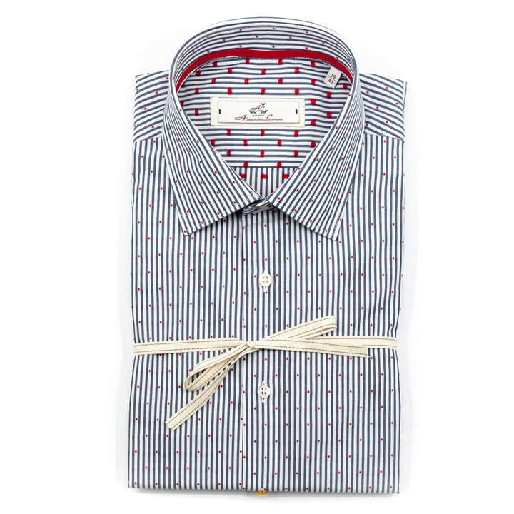 Camicia a Righe Blu con Micro Pois Rossi