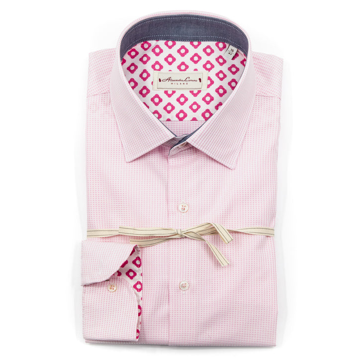 Camicia Rosa Micro Fantasia con Dettagli Floreali