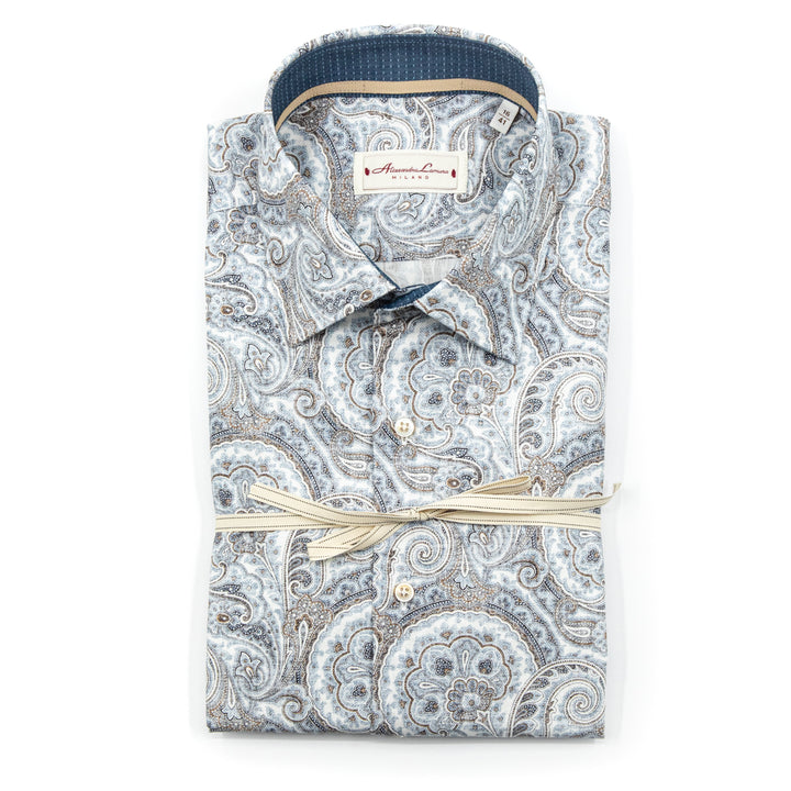 Camicia Paisley Azzurra e Beige in Cotone