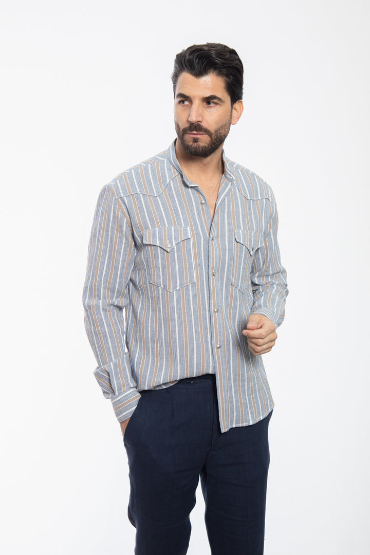 Beige and Light Blue Striped Cotton Shirt