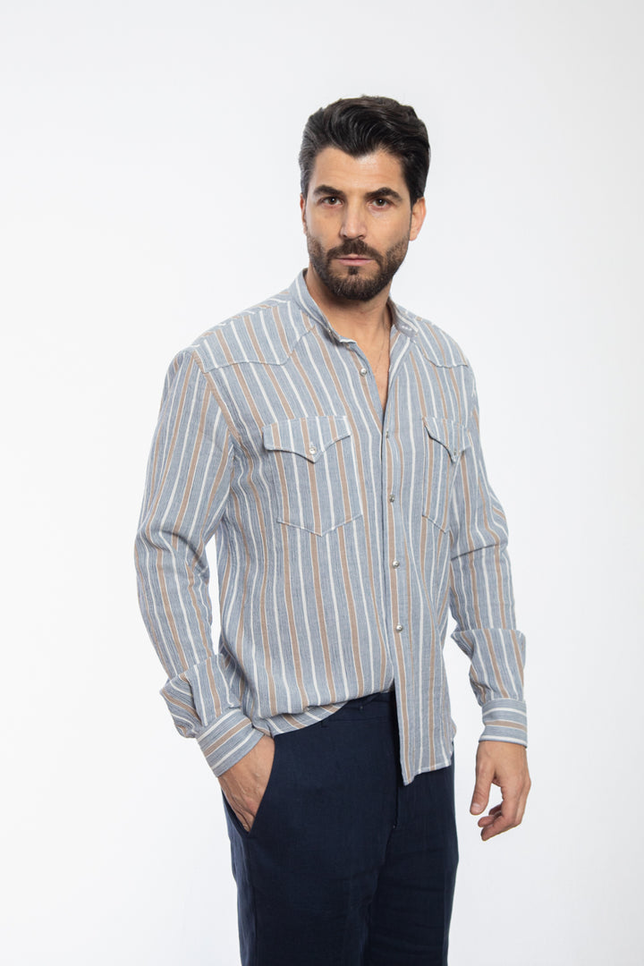 Beige and Light Blue Striped Cotton Shirt