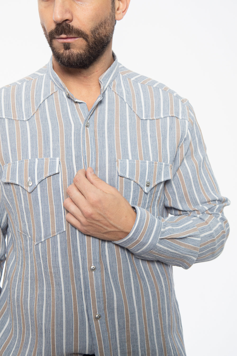 Beige and Light Blue Striped Cotton Shirt