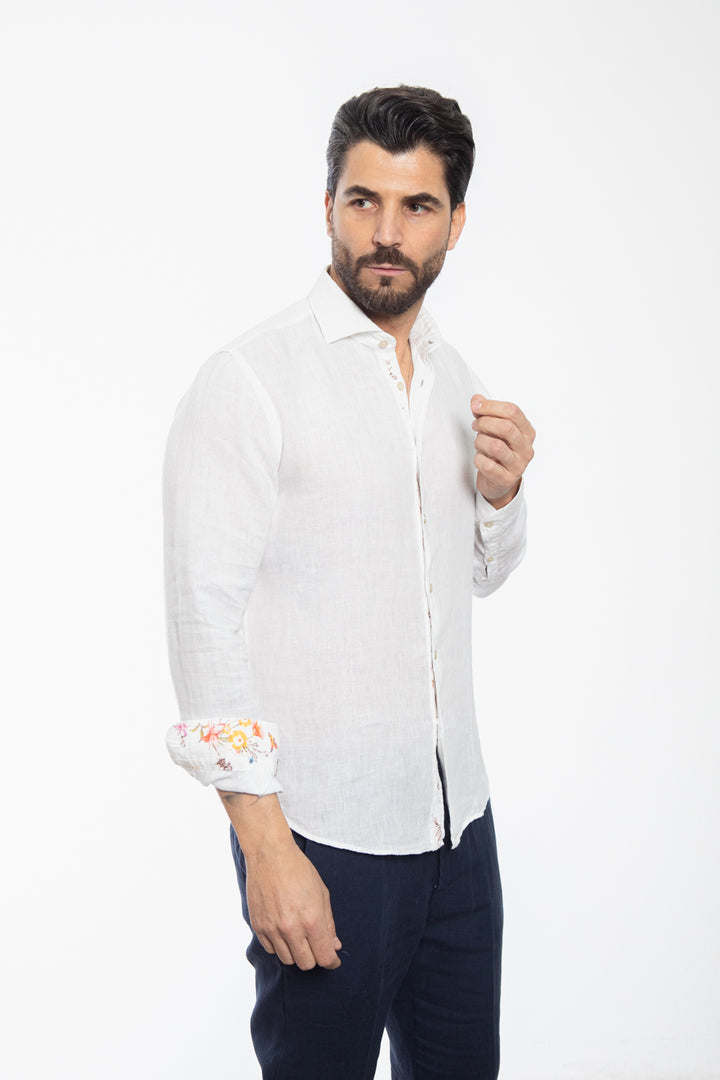 White Linen Shirt with Floral Interior
