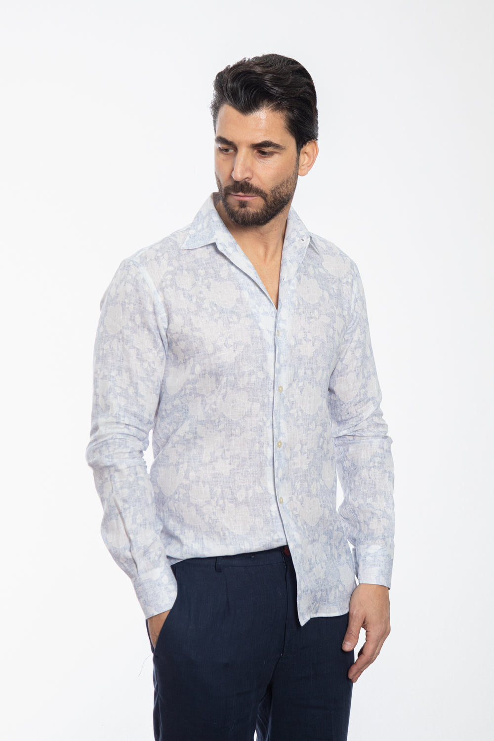 Blue Floral Tone-on-Tone Pattern Shirt