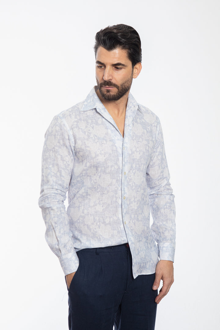 Blue Floral Tone-on-Tone Pattern Shirt