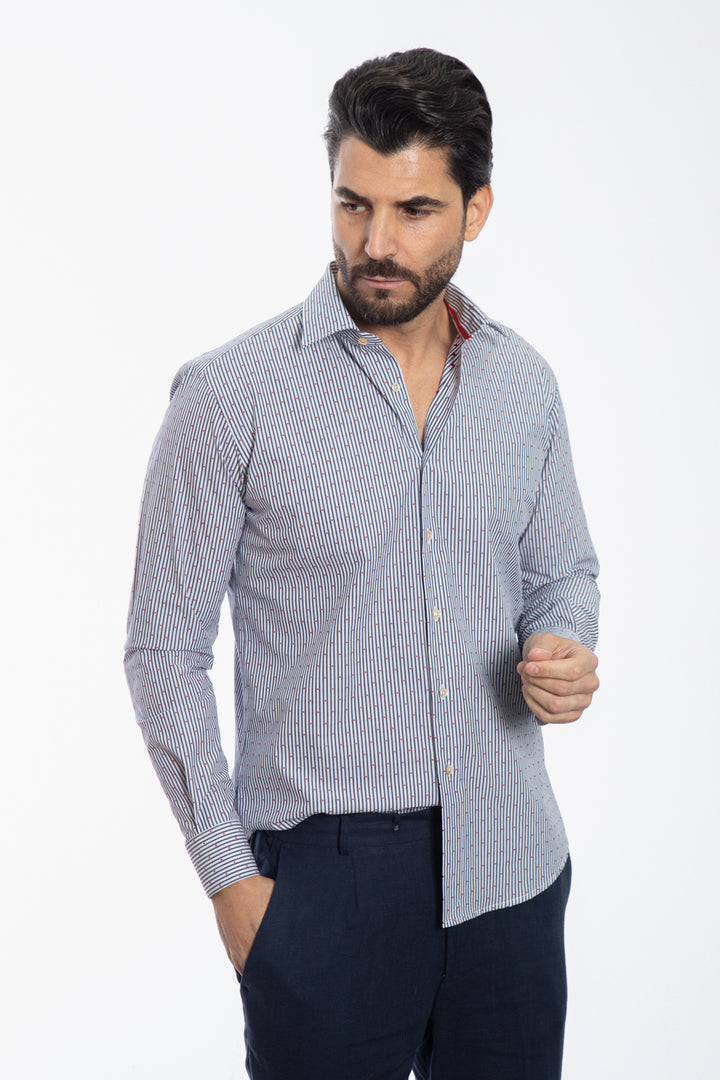 Camicia a Righe Blu con Micro Pois Rossi