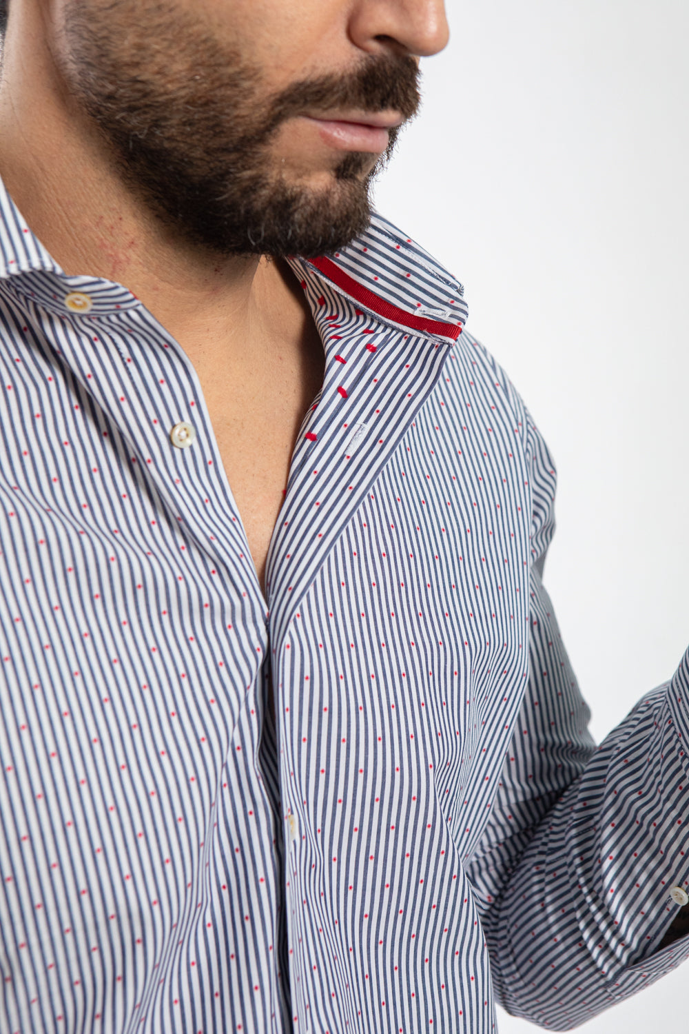 Camicia a Righe Blu con Micro Pois Rossi