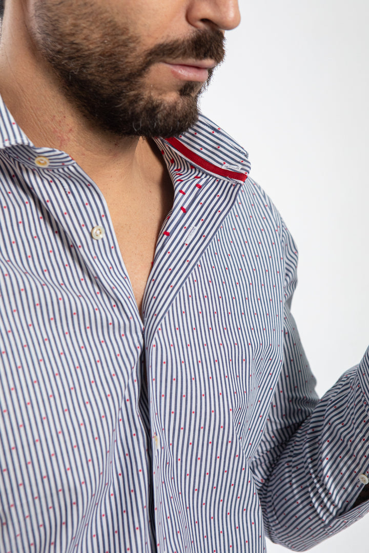 Camicia a Righe Blu con Micro Pois Rossi