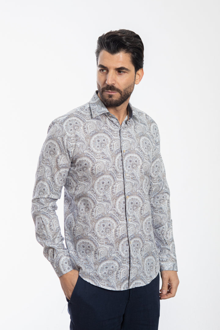 Camicia Paisley Azzurra e Beige in Cotone