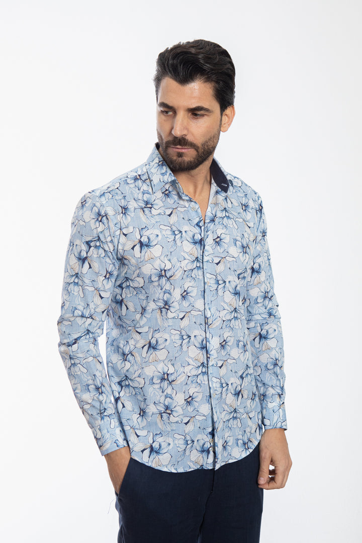 Camicia Floreale Azzurra in Cotone