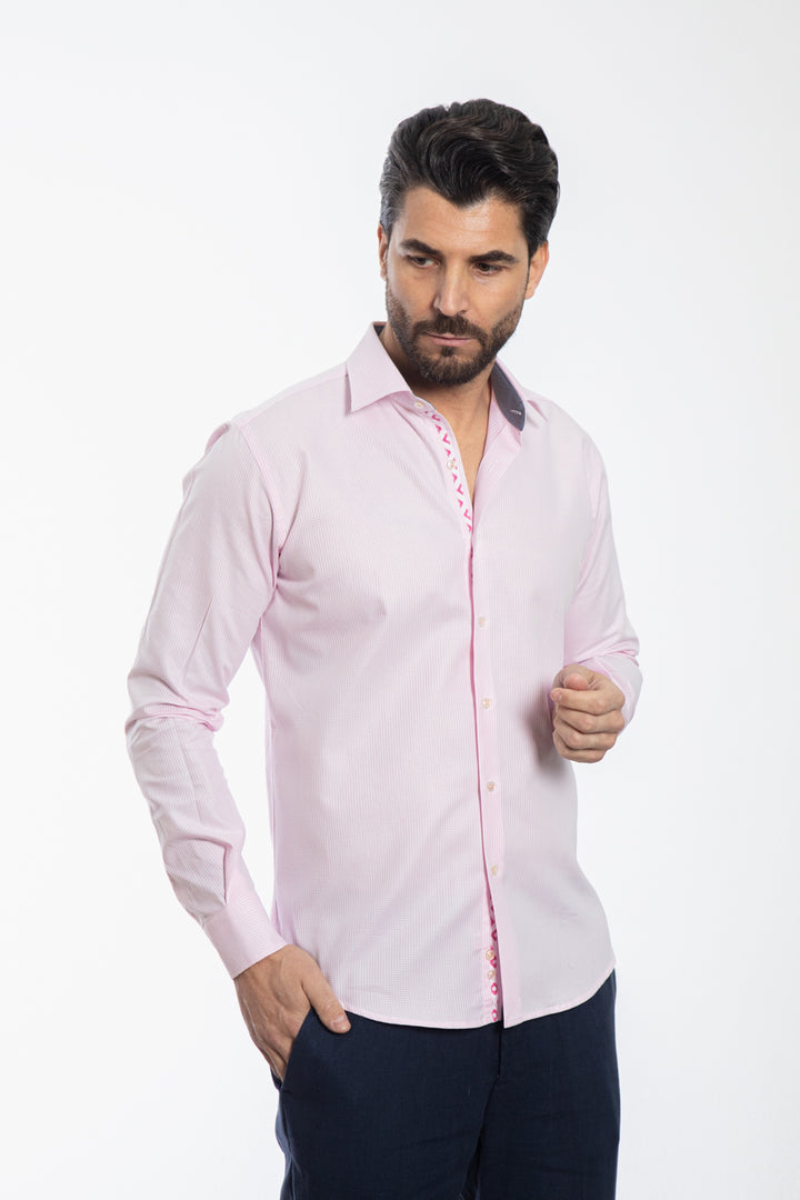 Camicia Rosa Micro Fantasia con Dettagli Floreali