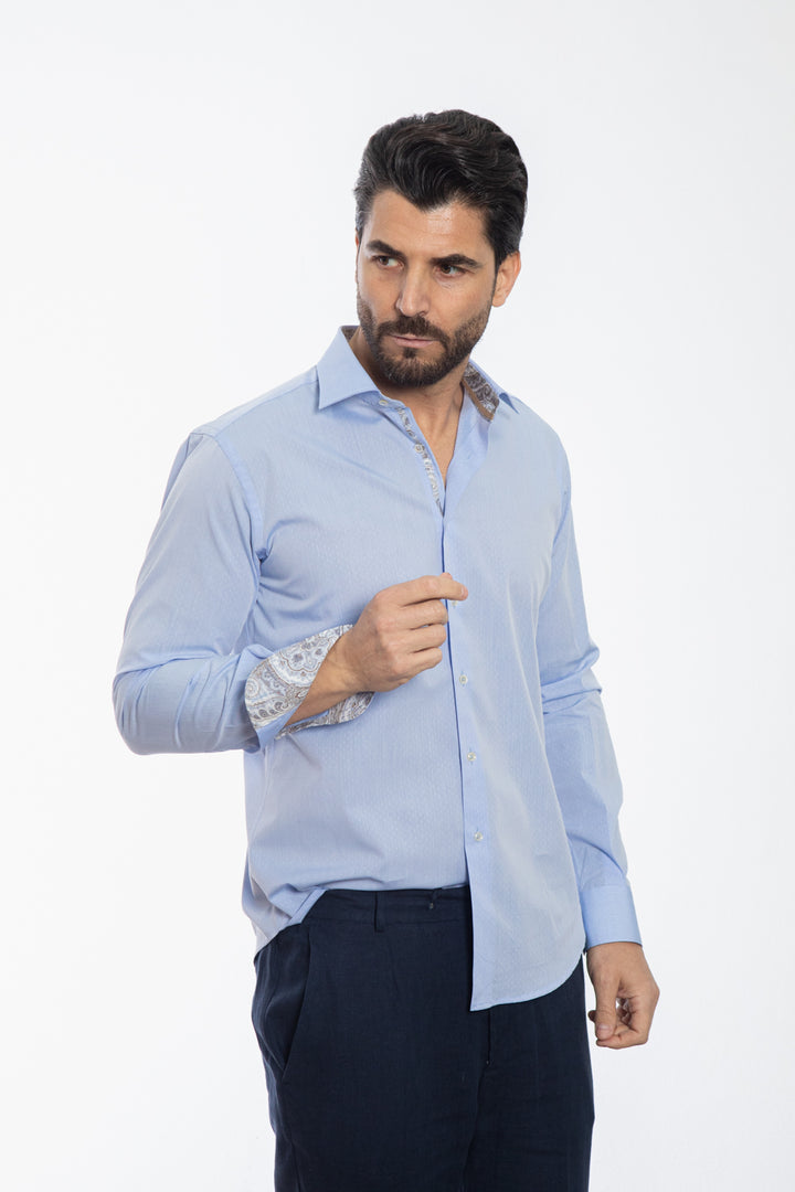 Camicia Azzurra Micro Texture con Dettagli Paisley