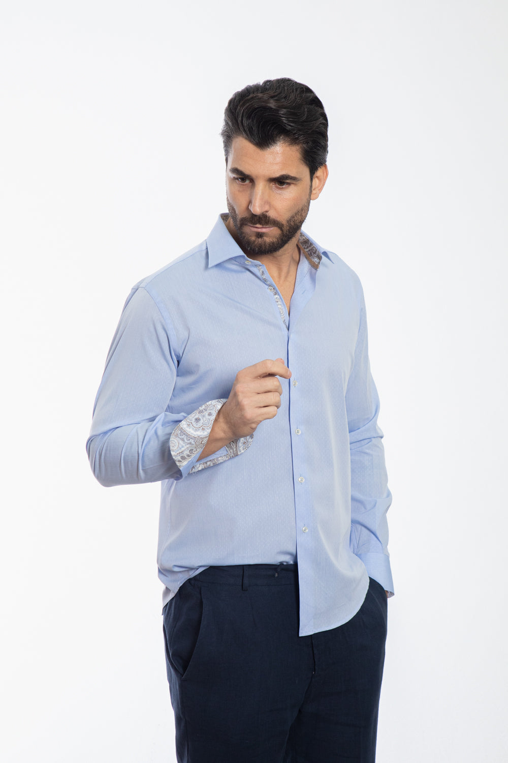 Camicia Azzurra Micro Texture con Dettagli Paisley