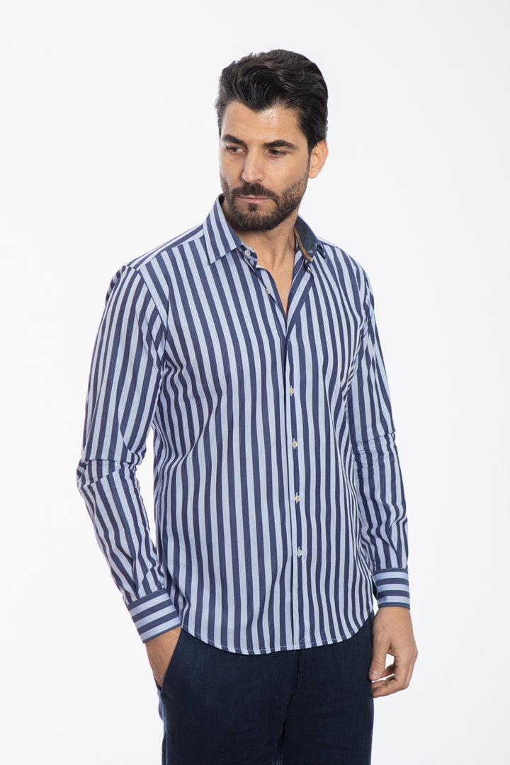 Camicia a Righe Blu e Celeste con Interno Floreale