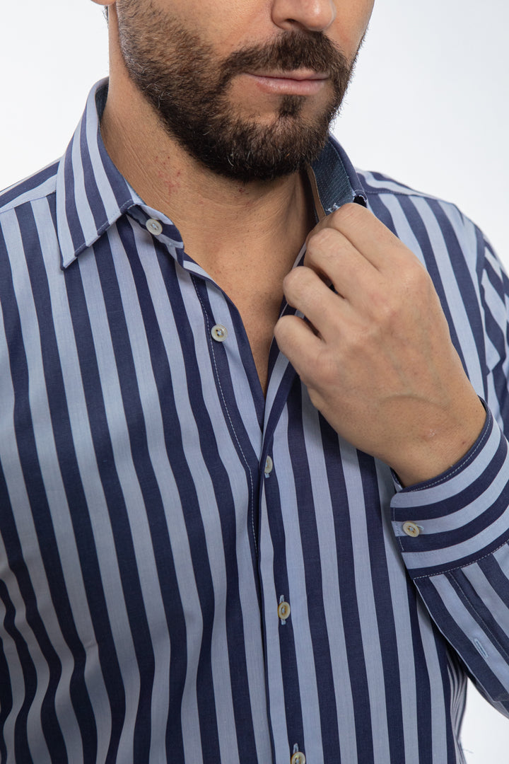 Camicia a Righe Blu e Celeste con Interno Floreale