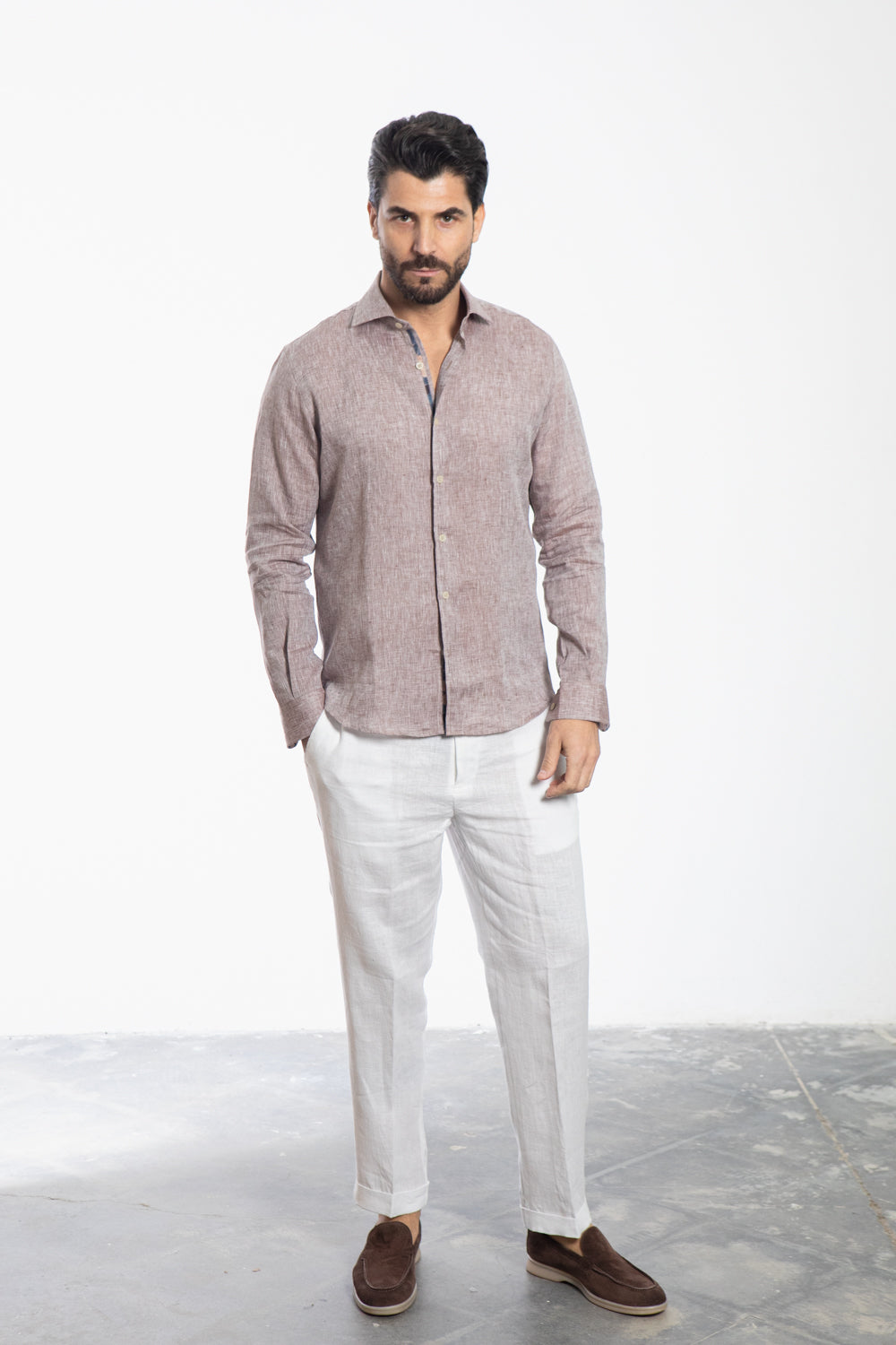 Slubbed Beige Linen Cotton Shirt