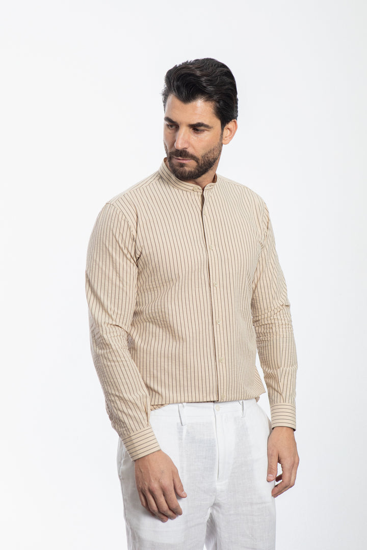 Beige Striped Mandarin Collar Shirt