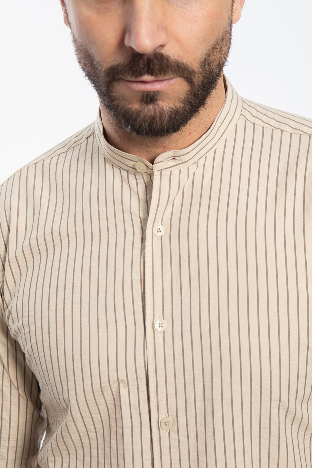 Beige Striped Mandarin Collar Shirt