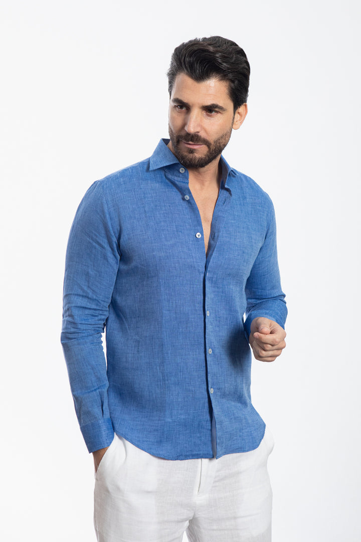 Flamed Light Blue Denim Linen Shirt