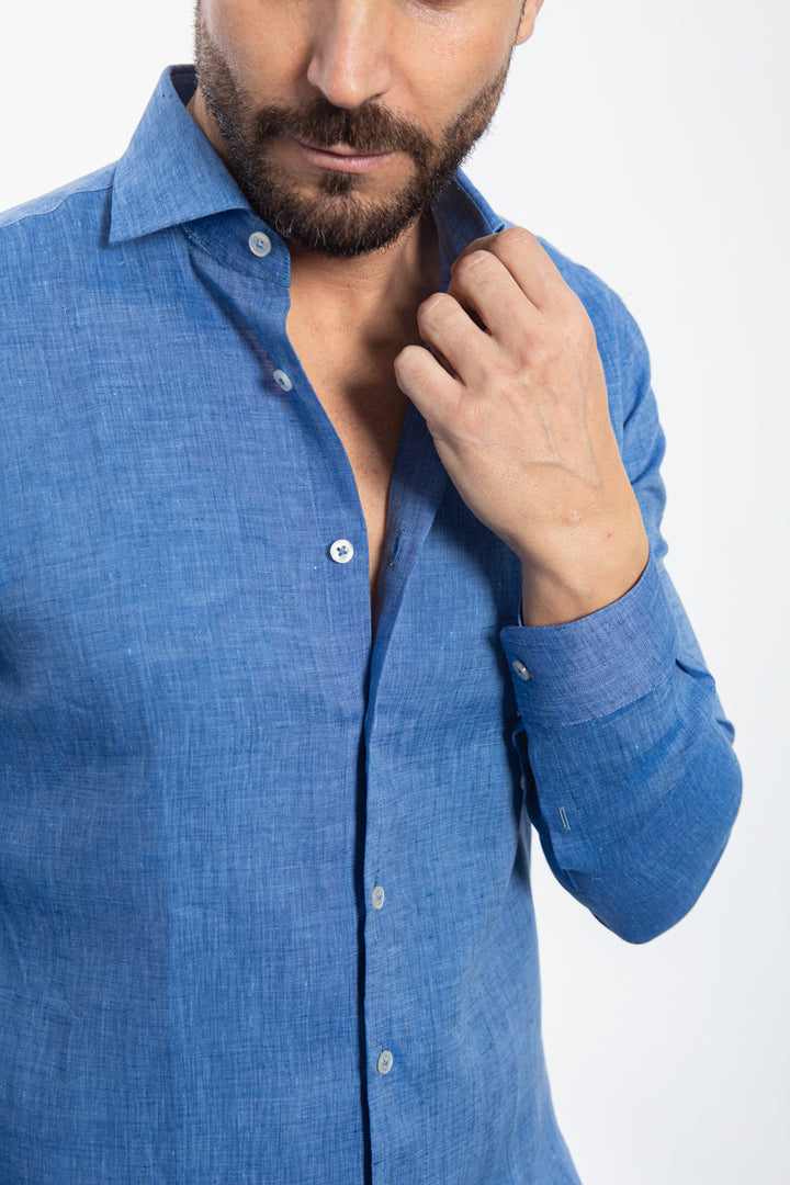 Flamed Light Blue Denim Linen Shirt