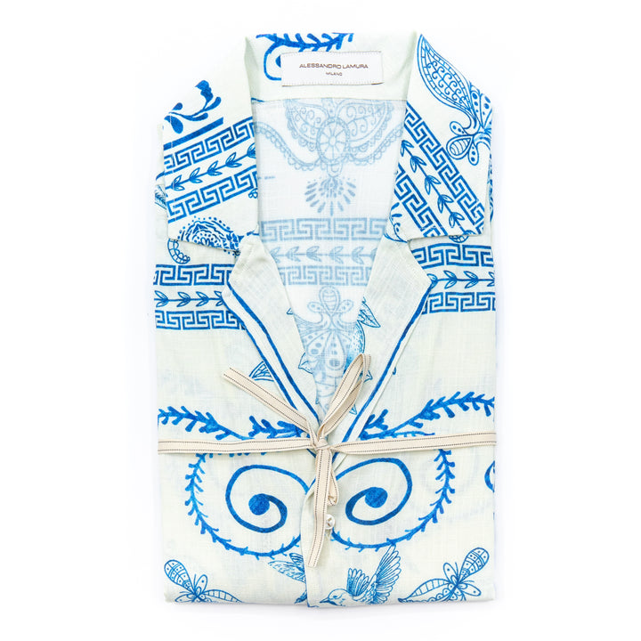 Camicia fantasia azzurro su bianco