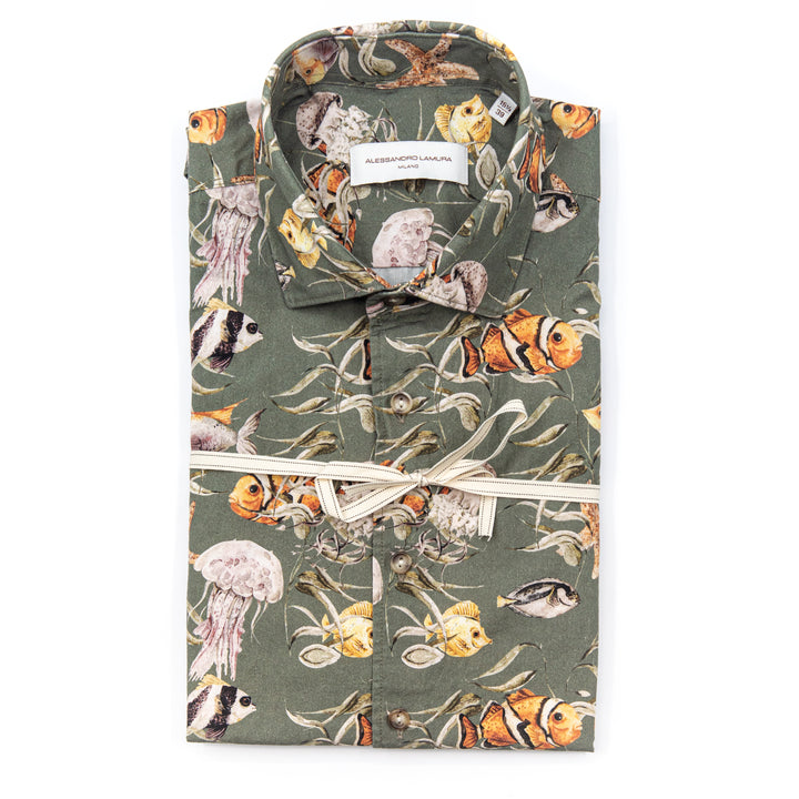 Camicia Verde Mare Fantasia Pesci Tropicali