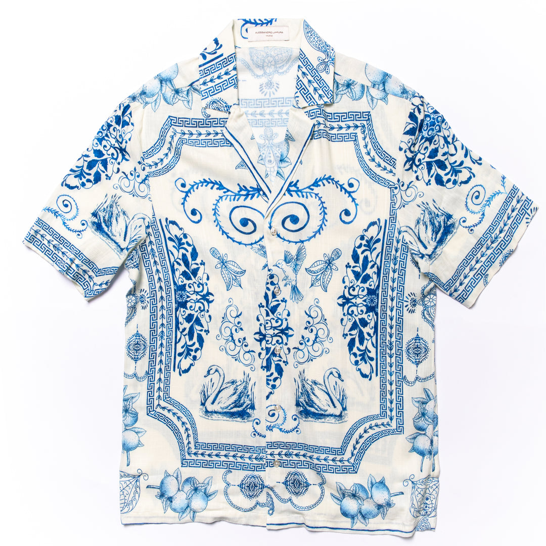 Camicia fantasia azzurro su bianco