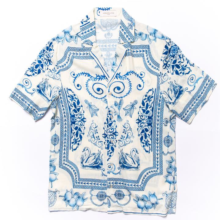 Camicia fantasia azzurro su bianco