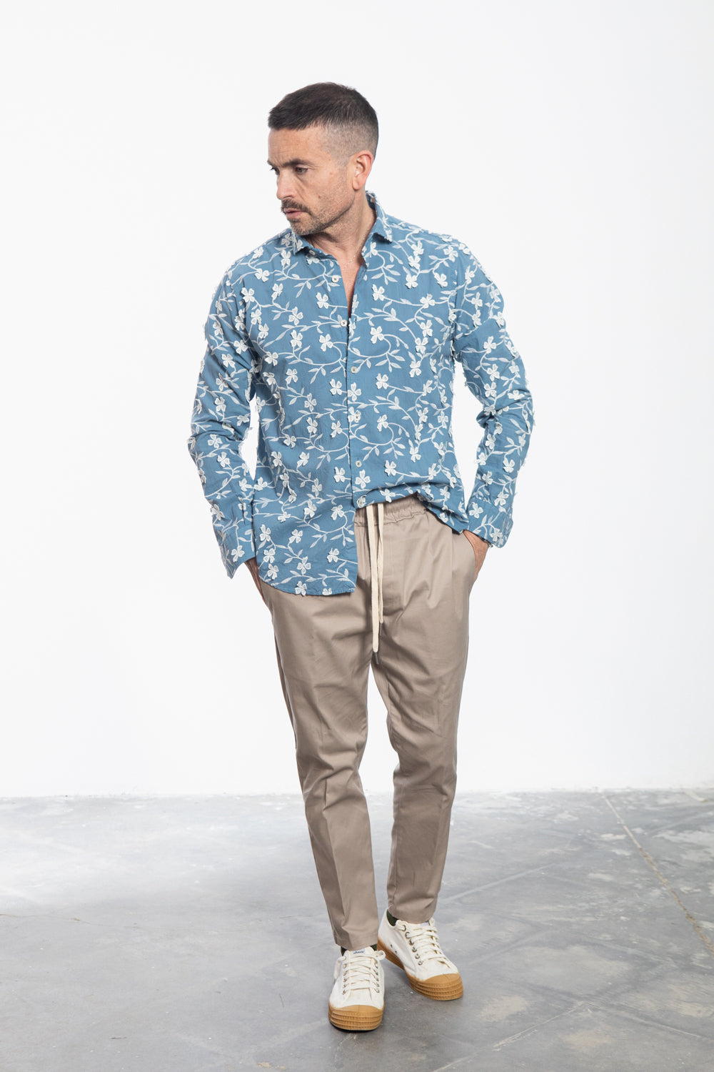 Light Blue Shirt with White Floral Embroidery