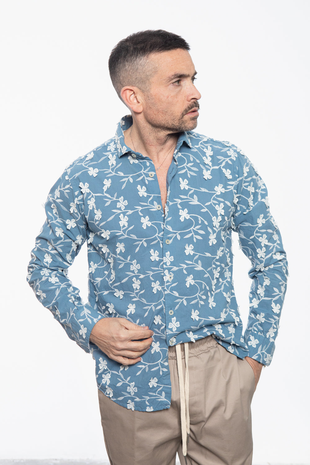 Light Blue Shirt with White Floral Embroidery