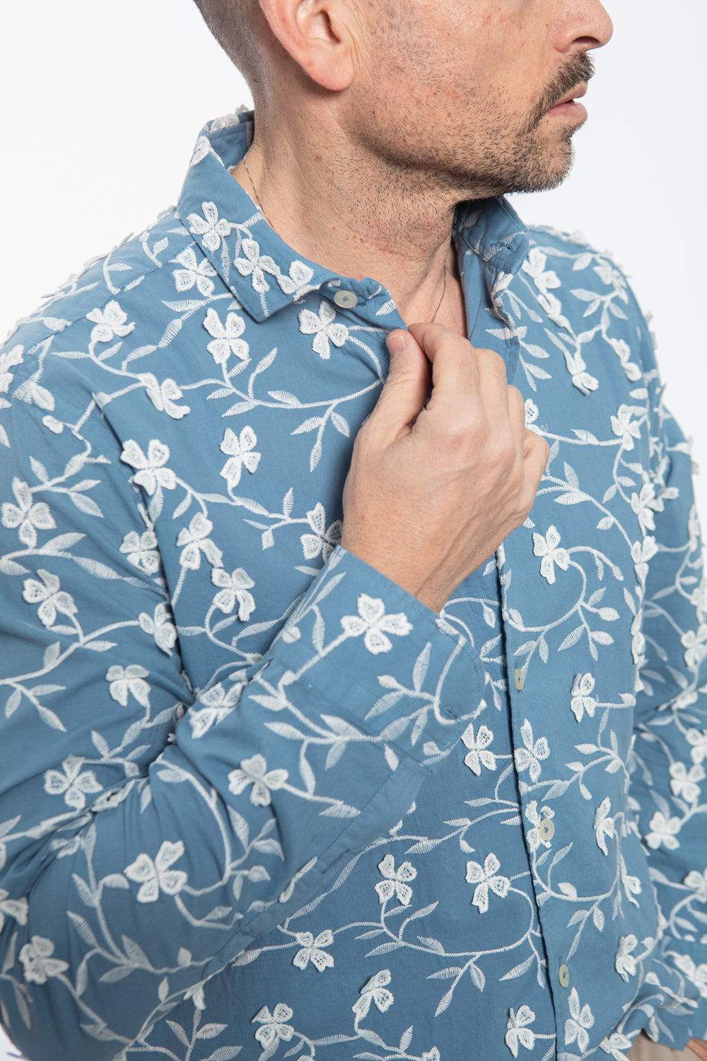 Light Blue Shirt with White Floral Embroidery