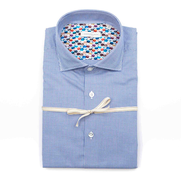 Camicia Blu Microfantasia con Interno Collo Multicolore