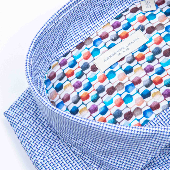 Camicia Blu Microfantasia con Interno Collo Multicolore