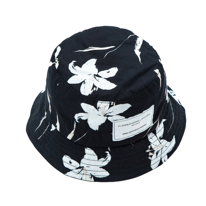 Cappello bucket nero stampa fiori bianchi