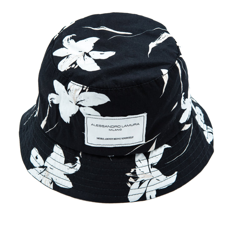 Cappello bucket nero stampa fiori bianchi