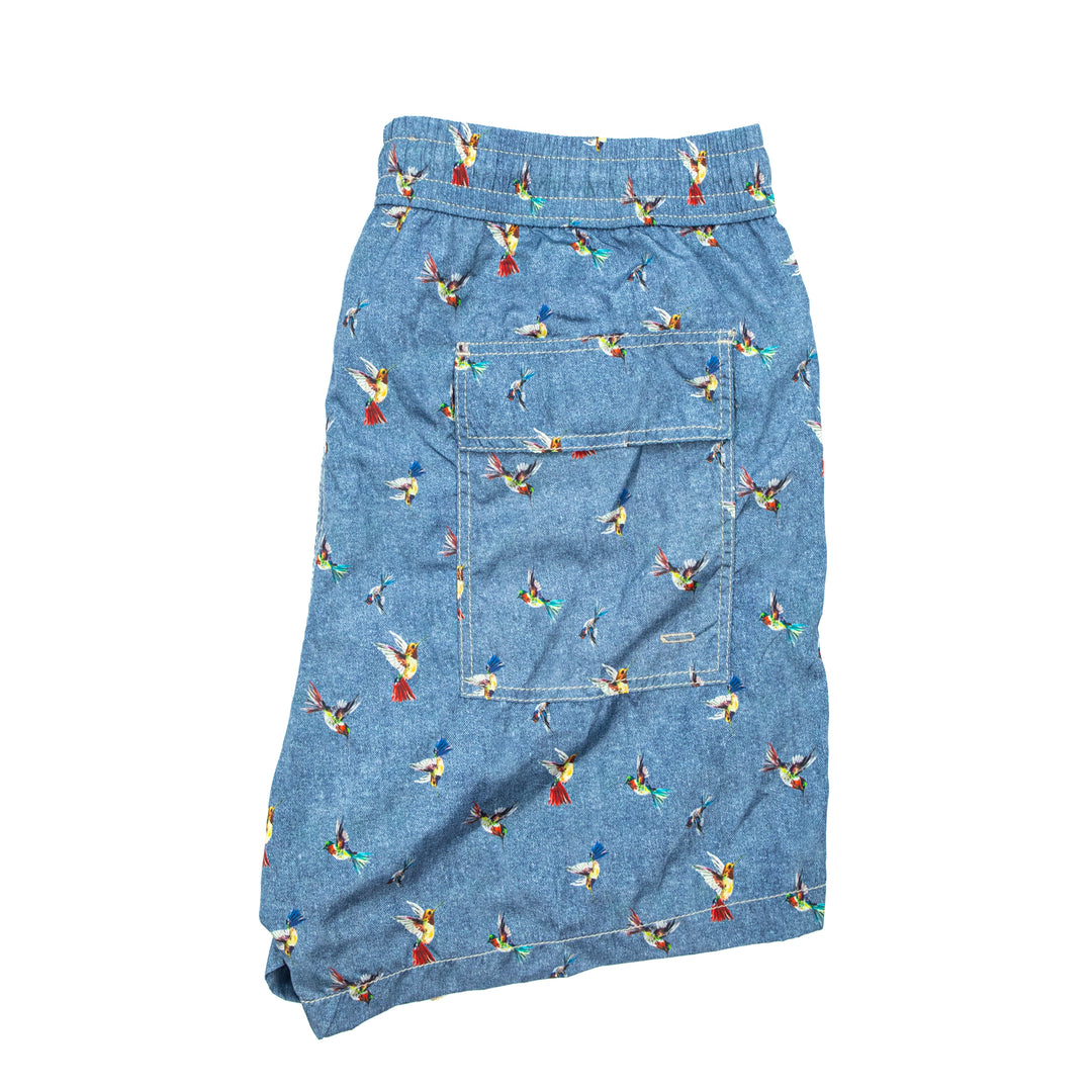 Costume blu stampa pappagalli stile denim