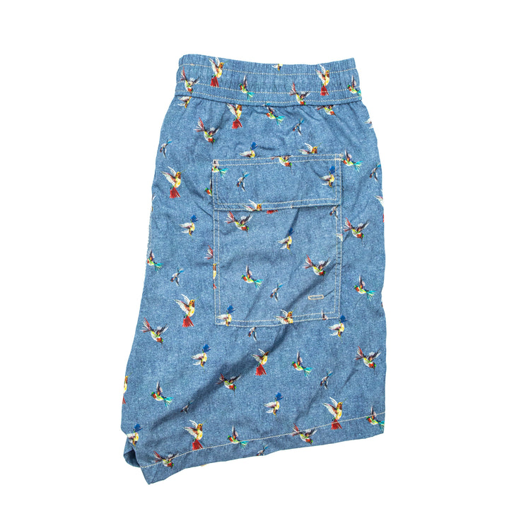 Costume blu stampa pappagalli stile denim