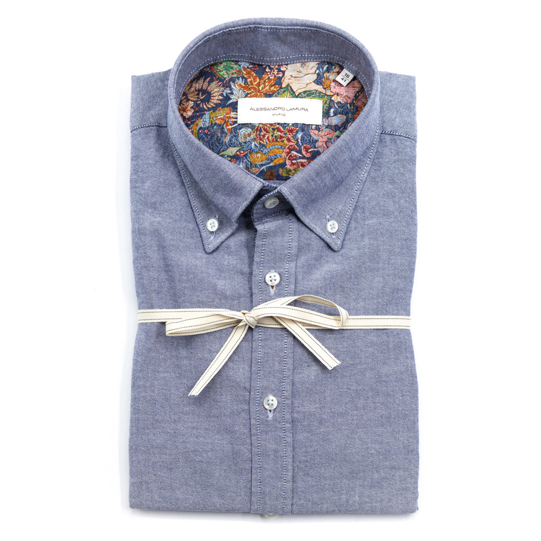 Blue Oxford Shirt with Multicolor Patterned Interior