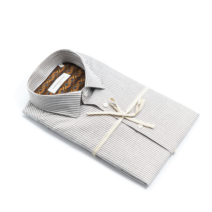 Brown and White Striped Shirt with Caramel Floral Print Lining