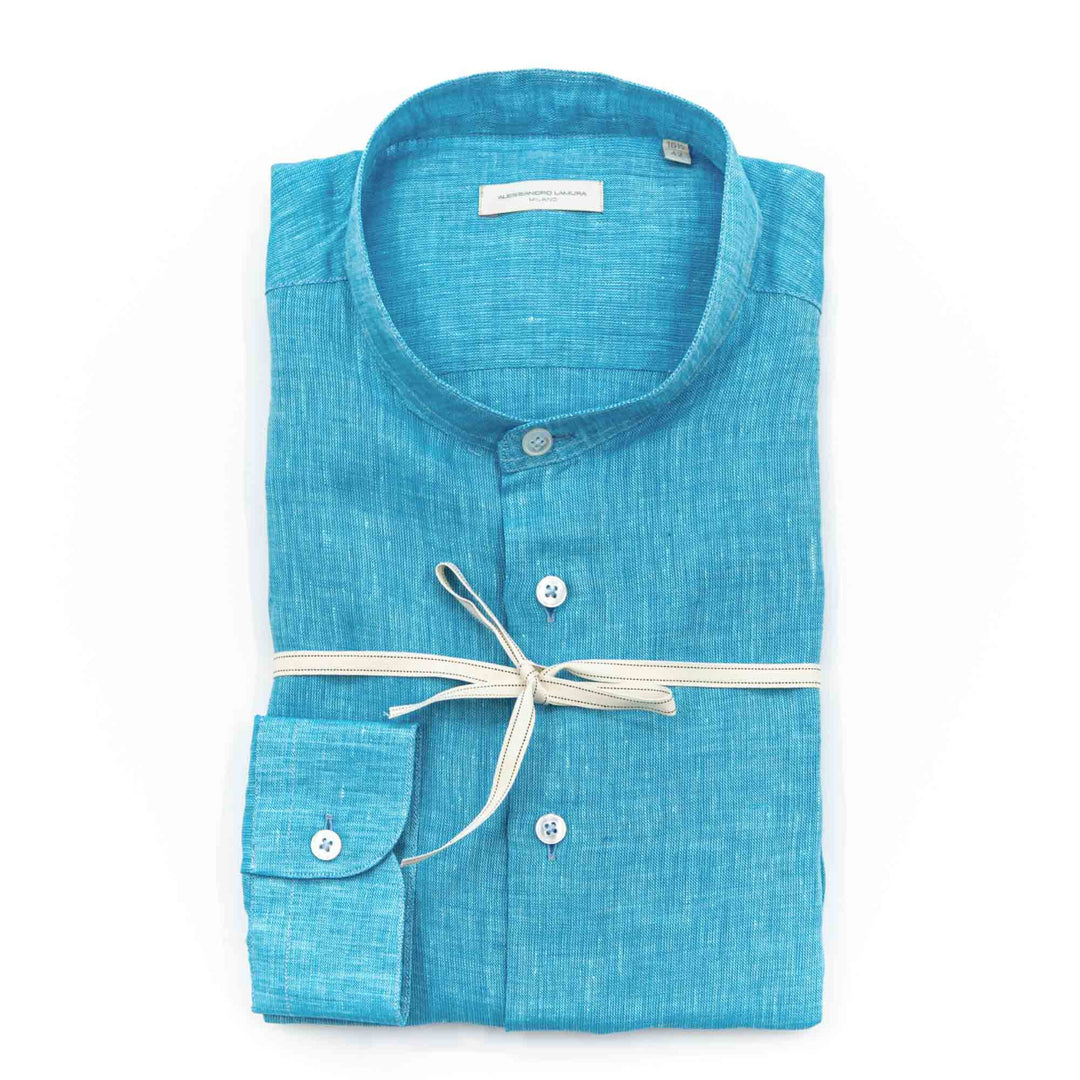 Camicia Turchese in Lino con Collo alla Coreana