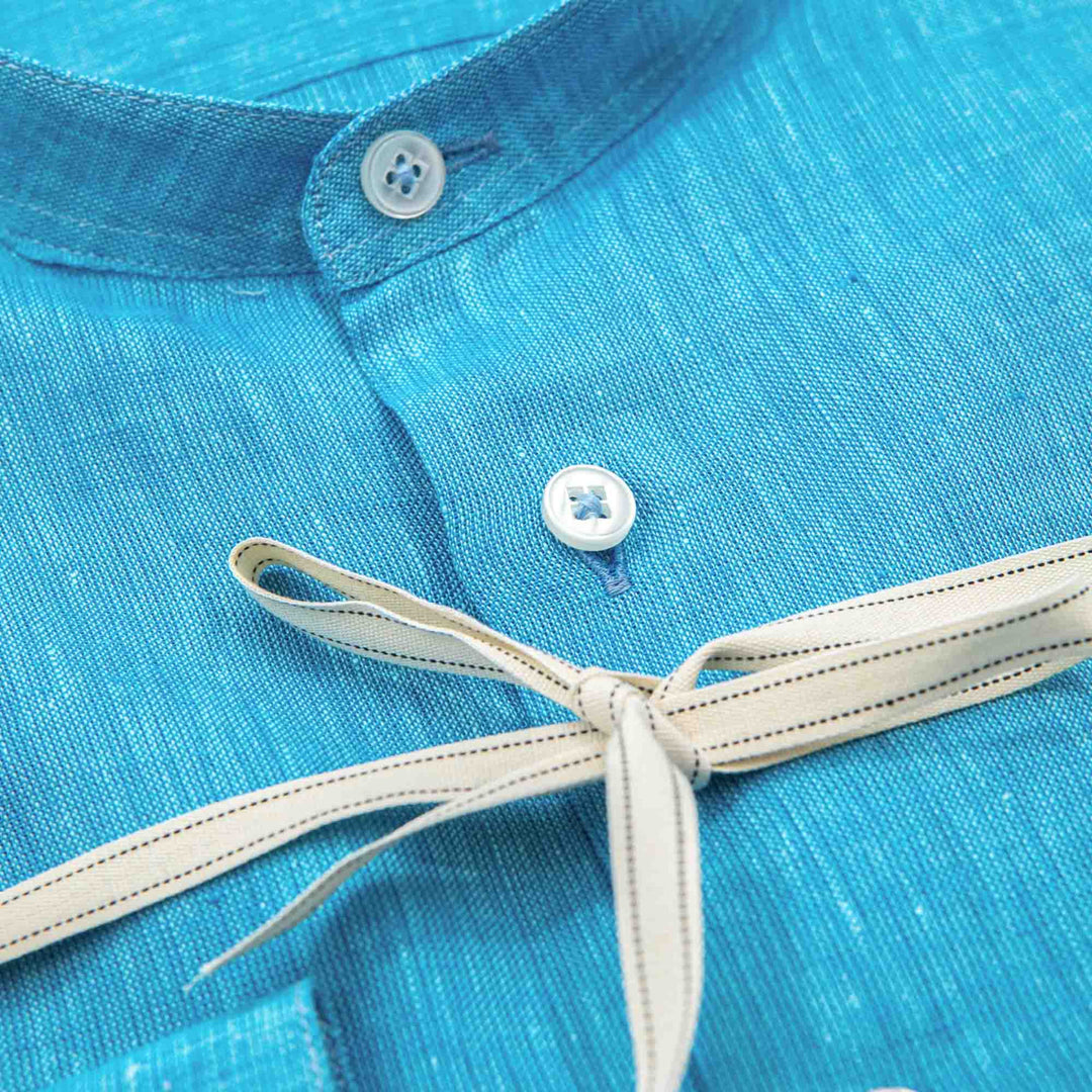 Camicia Turchese in Lino con Collo alla Coreana